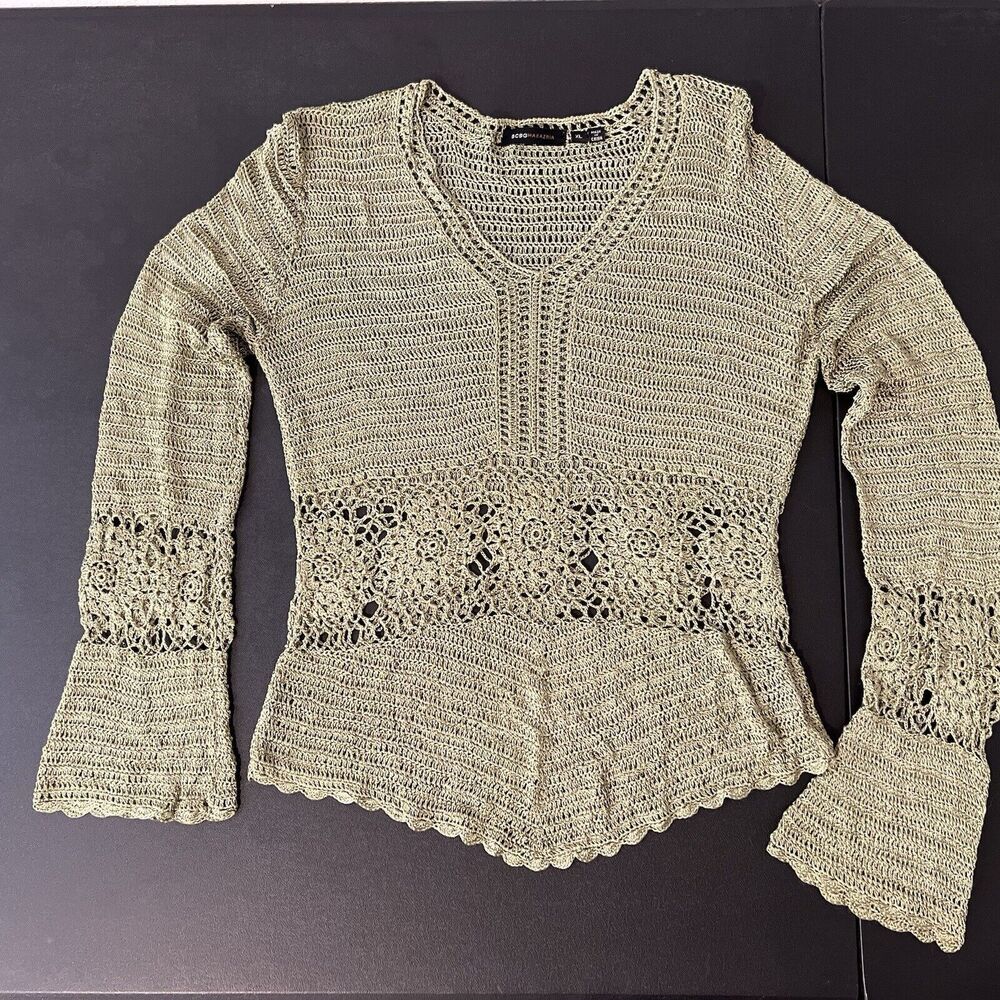 BCBGMaxazria Crochet Open Knit Lace Cover Up Top Bell Sleeves‎ Green XL Beachy